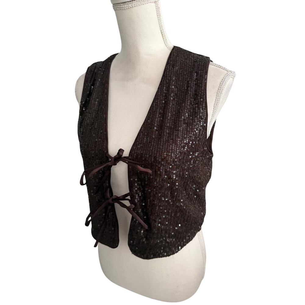 RACHEL ZOE Brown Sequin Tie Front Vest Size Medium NEW NWT - Picture 2 of 5